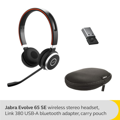 Jabra Evolve 65 SE Link380a UC Stereo- Bluetooth Headset with Noise-Cancelling Microphone, Long-Lasting Battery and Dual Connectivity - Works with All Other Platforms - Black