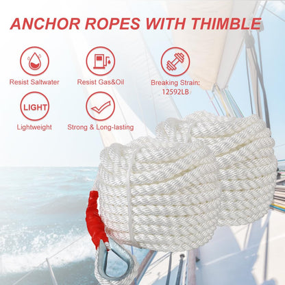 B4B BANG 4 BUCK 3/4" x100' Anchor Rope, Polypropylene Docking Dockline Boat/Sailboat/Mooring/Pull Lines with Thimble, 12592LB Breaking Strain