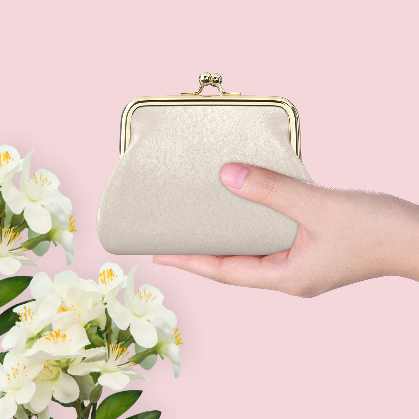 Coin Purse, Small PU Leather Change Purse, Coin Wallet with Clasp, Car Change Holder Pouch for Woman Men Kids Girls, Apricot