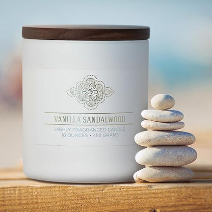 Carolina Vanilla Sandalwood Scented Candle, 16 oz Wellness Relaxing Aromatherapy Candle, 2 Wick White Jar Soy Blend Wax, Candles for Home, 60H Burn - Made in The USA