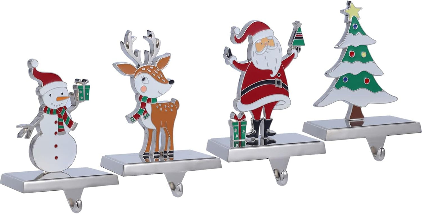 Baseo Christmas Stocking Holders Set of 4 Metal Christmas Stocking Holders for Fireplace-Xmas Deer Snowman Tree Santa Christmas Stocking Holder for Mantle-Stocking Hangers for Fireplace Topper