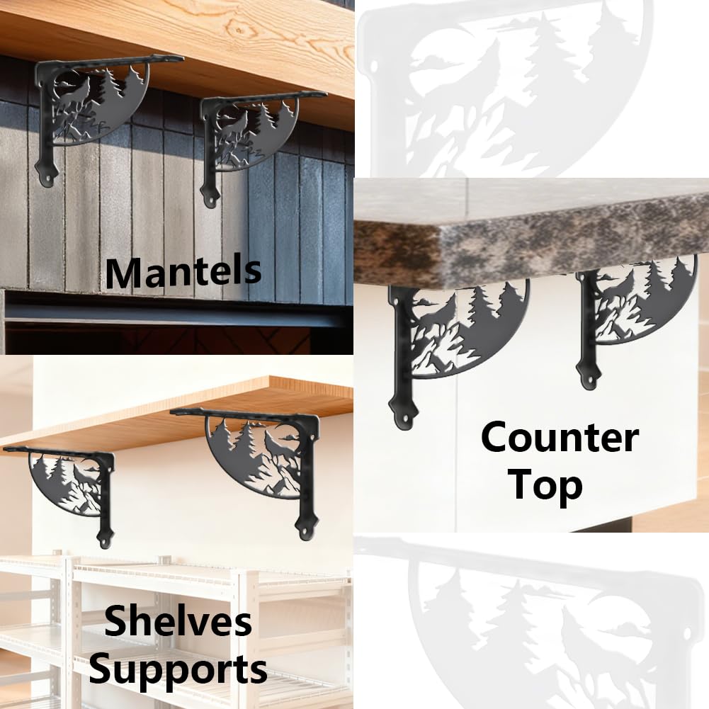 PRESSINART 2Pcs Ornamental Shelf Support Brackets 6.77 x 8.27 x 0.08 Inch Forest Shelf Brackets Black Wolf Tree Iron Wall Mount Ornate Right Angle Rustic Style Holder for Kitchen Bedroom Decoration