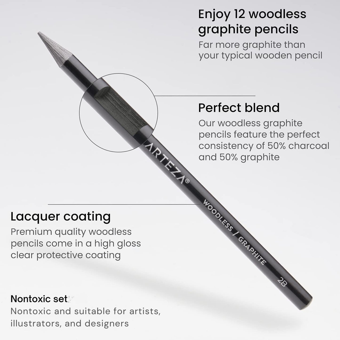 ARTEZA Woodless Graphite Pencils, Set of 12, HB, 2B, 4B, 6B, 8B, and EE