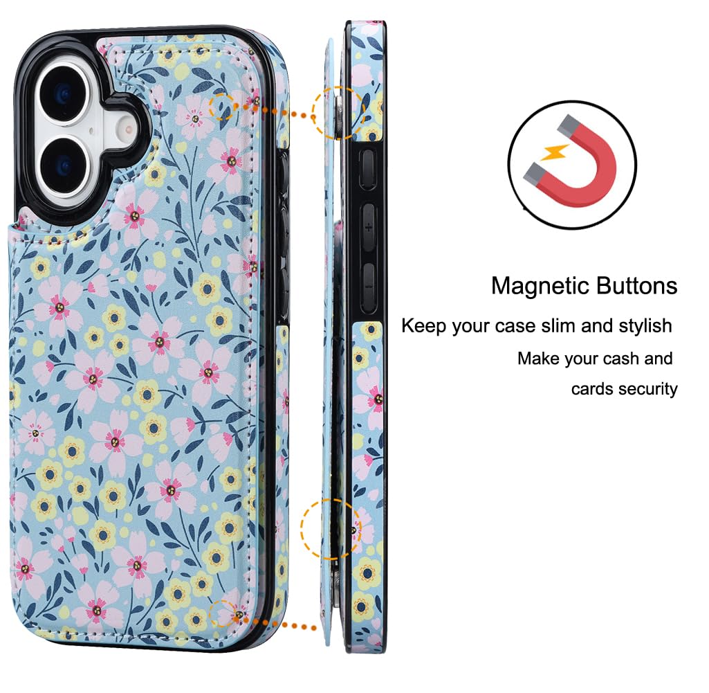 JOYAKI Compatible with iPhone 17 Wallet Case with Card Holder, Flip PU Leather Kickstand Case with Screen Protecor, Double Magnetic Clasp with Screen Protector Cover 6.3" -Sunny Day Bloom