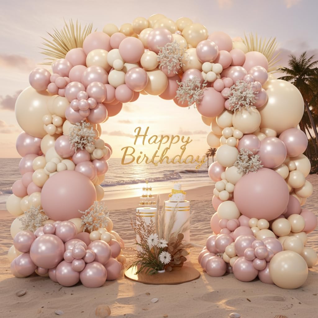 PTGOLUO Boho Dusty Pink Balloon Arch Garland Kit 153pcs, Double Stuffed White Pearl Balloon Blush Neutral Pink Balloons Arch Kit for Birthday Wedding Bridal Baby Shower Gender Reveal Party Decoration