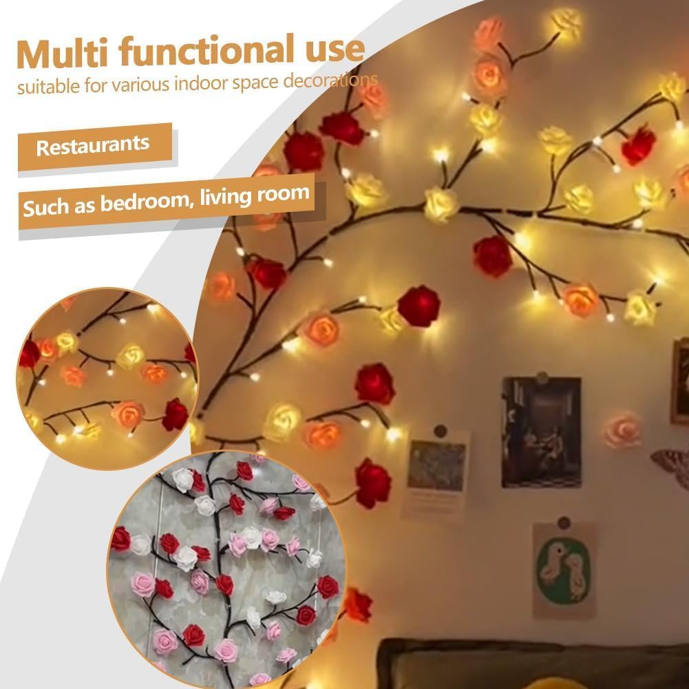 BomKra Rose LED Tree Branch Lights for Wall,Rose Blossom Willow Vine Branch Room Decor Gift,Flexible DIY Design,with 48 LED Lights and Remote,8 Lighting Modes,for Bedroom and Wall Decor (47inch)