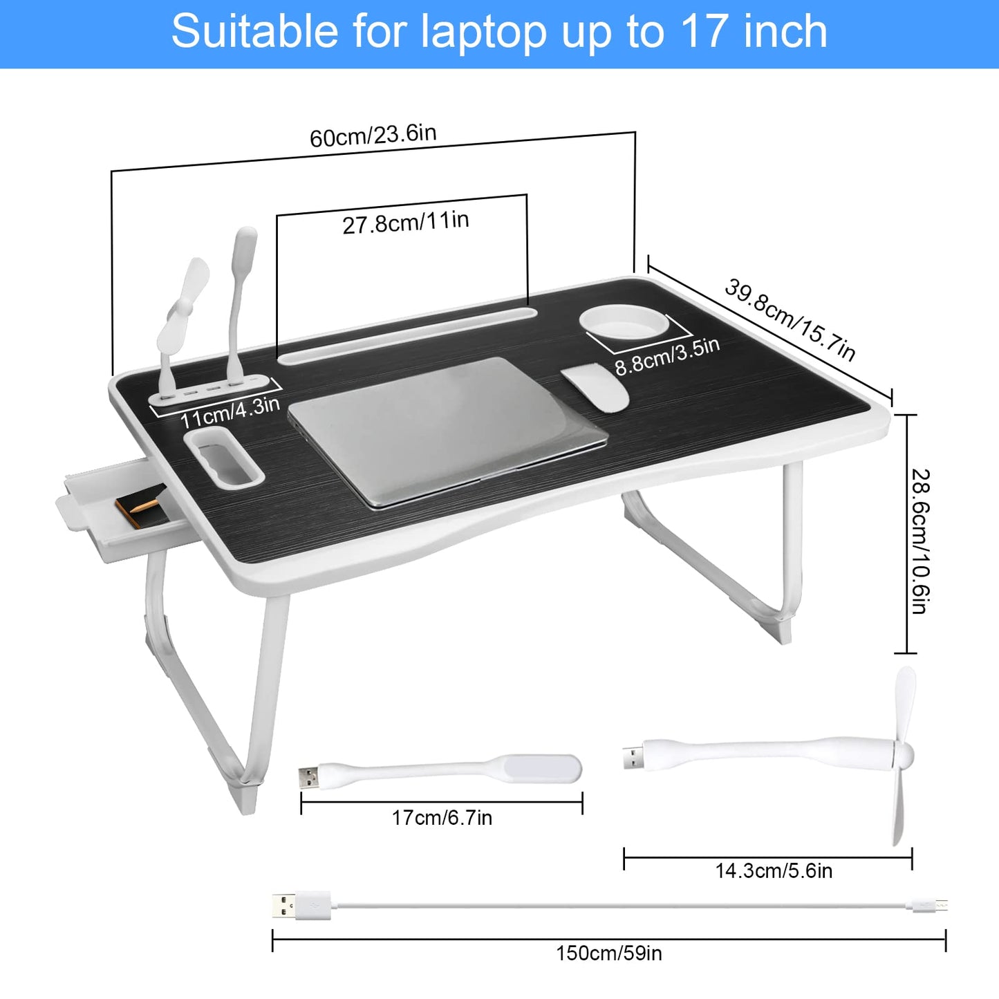 Laptop Bed Table, Laptop Desk for Bed, Foldable Laptop Bed Desk with USB Charge Port, Handle, Desktop Card Slot, Cup Slot, Side Drawer, Portable Laptop Table for Bed Eating Reading Working