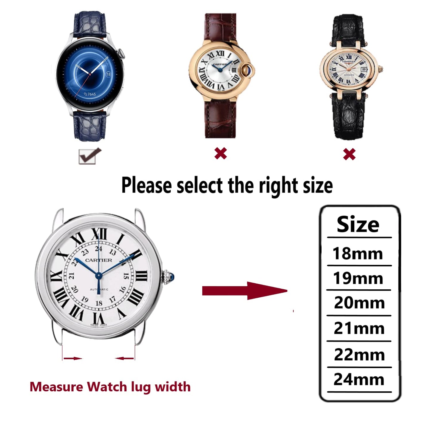 Moran Alligator Leather Quick Release Watch Band 18mm 19mm 20mm 22mm 23mm 24mm Replacement Genuine Crocodile Leather Loop SmartWatch Strap for Men Women
