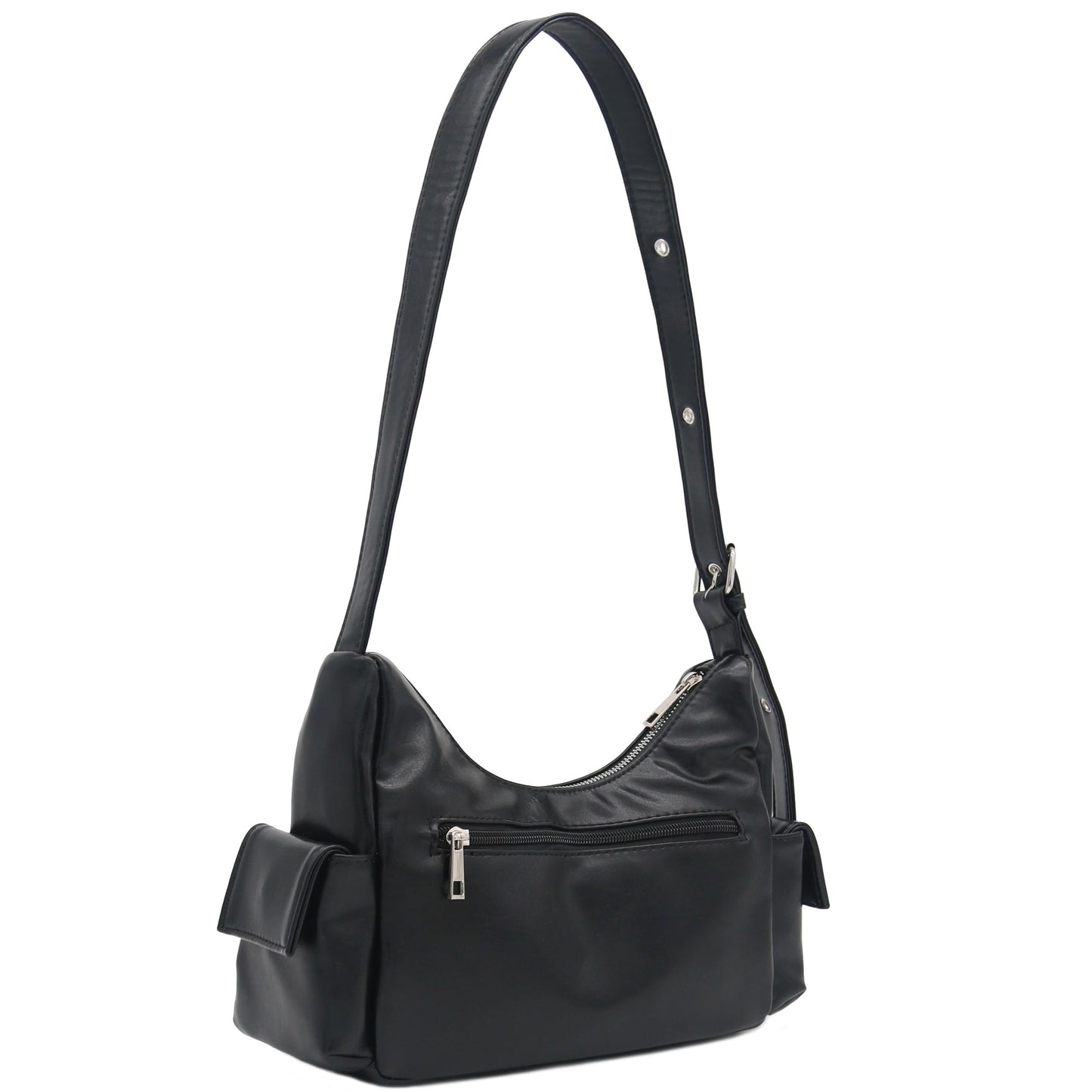FashionPuzzle Glossy PU Leather Multi Pocket Shoulder Bag Hobo (Black)