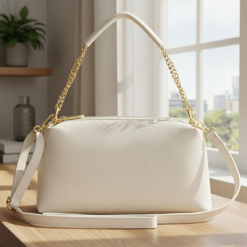 TAKEASY Italian Calf Leather Crossbody Handbag for Women with 2 Zippered Compartments | Everyday Shoulder Purse with Strap (Beige)