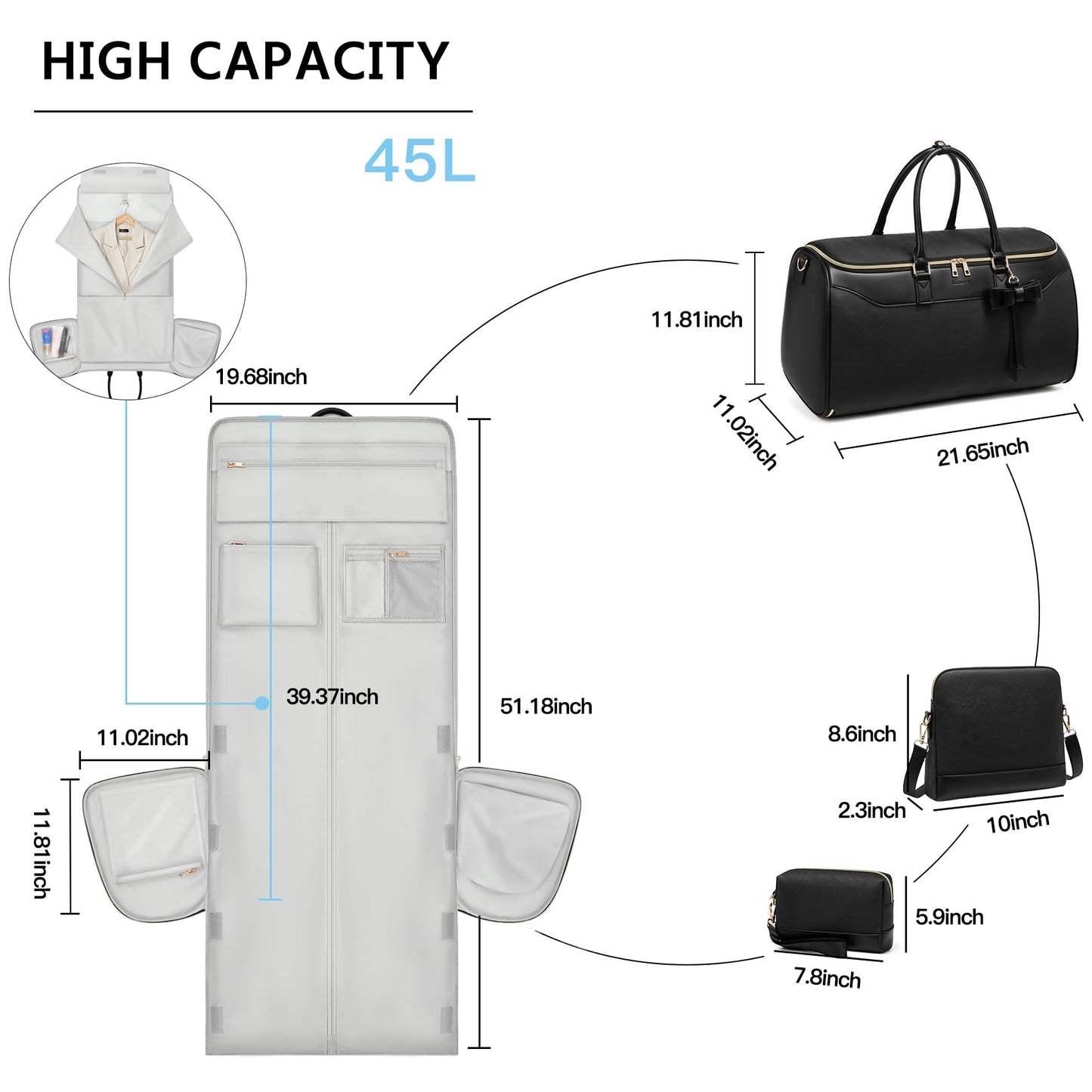 Garment Bags for Travel,45L Carry on Convertible Garment Duffle bag for Men Women - 3 in 1 Hanging Suit Travel Bag with Shoulder Strap (Black-A)