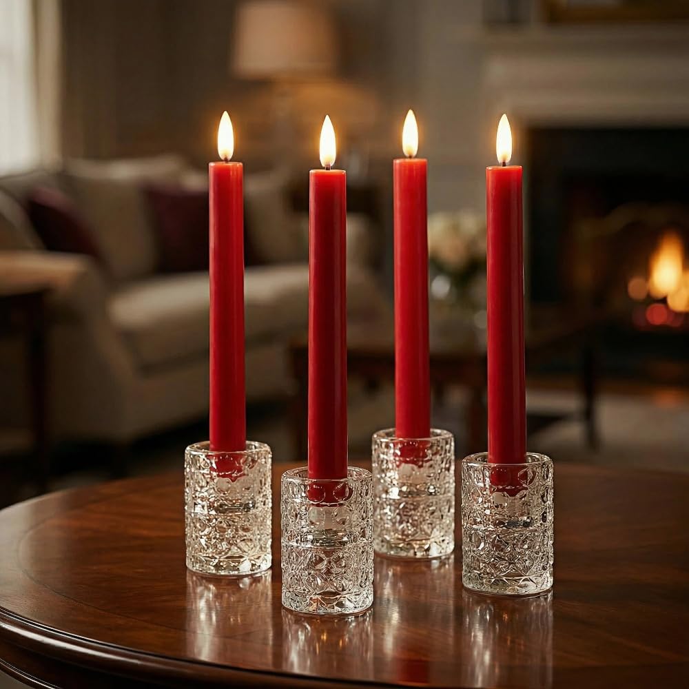 Simplelight Red Flameless Taper Candles with Timer, 9 Inch, Pack of 4