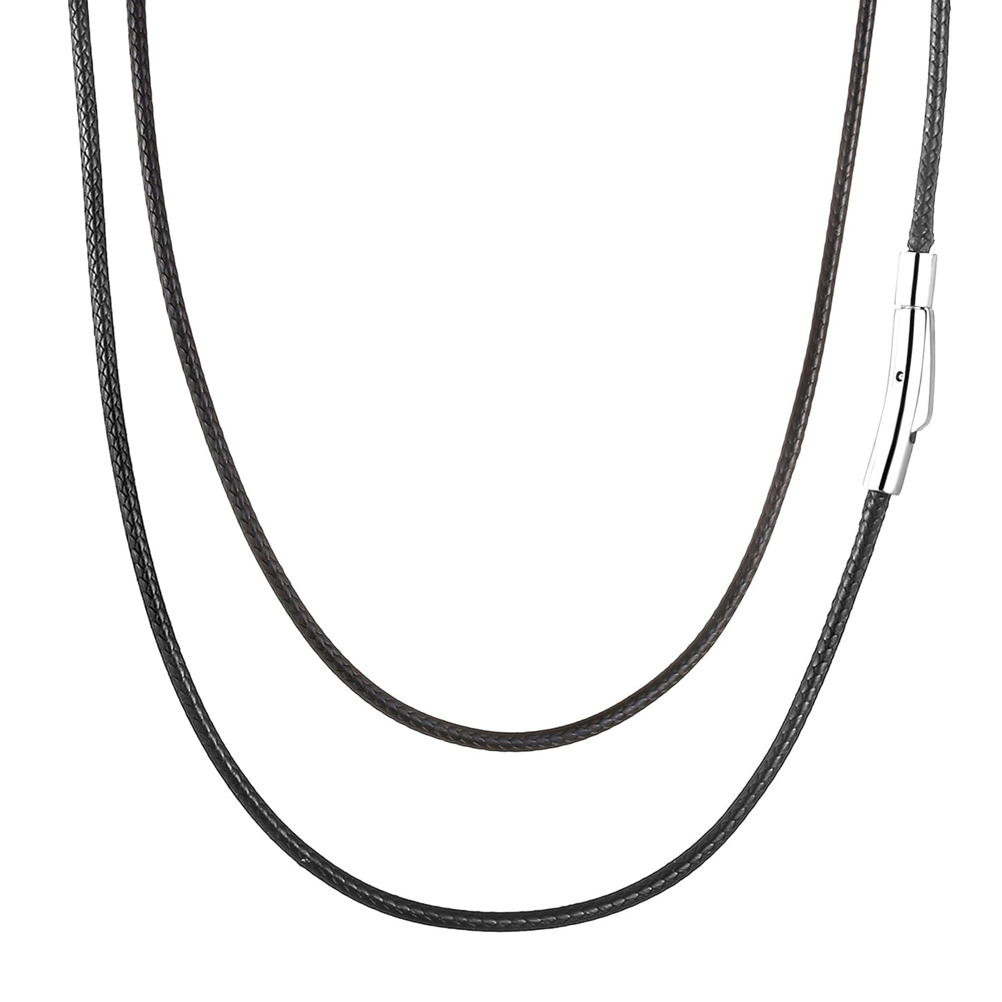 SKQIR 2mm Black Waterproof Braided Leather Cord Necklace with Durable Stainless Steel Snap Clasp Men Women Woven Wax String Rope Chain for DIY Pendant Length 24"