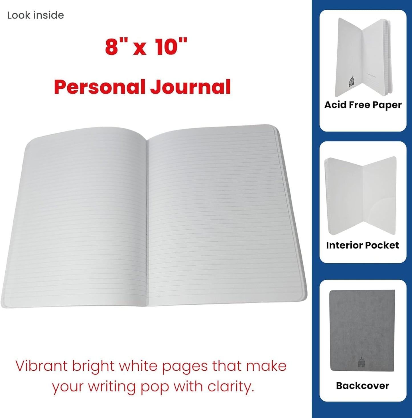 DOME Personal Journal – 8 x 10 Inch Softcover Lined Journal Notebook, 192 Pages, Grey Premium Acid-Free 60-lb Thick Paper, Inner Pocket, Made in USA