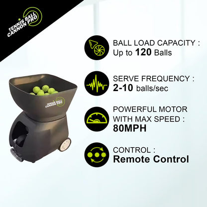 PMT Medical Tennis Ball Cannon Pro: Portable Tennis Ball Machine (48lbs) - Dual Motor for Top Spin and Backspin | Up to 120 Balls, Max Speed 80MPH | 6 Hours Playtime with Rechargeable Lithium Battery