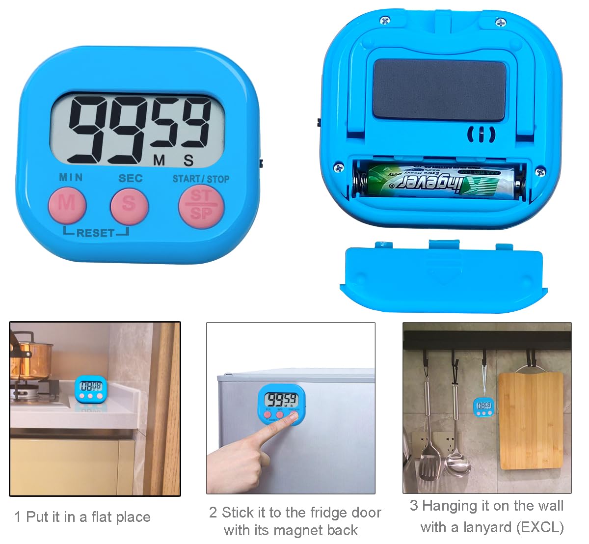 Timers, BESTWYA Magnetic Timer with Clear LCD Screen 3 Big Buttons On/Off Switch Count Up and Down Function for Kitchen,Study,Work,Exercise Training,Outdoor Activities (6,6 Colors)