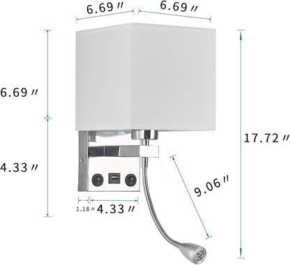 Sconces Wall Lighting Hardwired Modern Wall Lights for Bedroom with USB Port and Reading Lamp, Bedside Wall Lamps for Hotel, Living Room, Office (Silver)