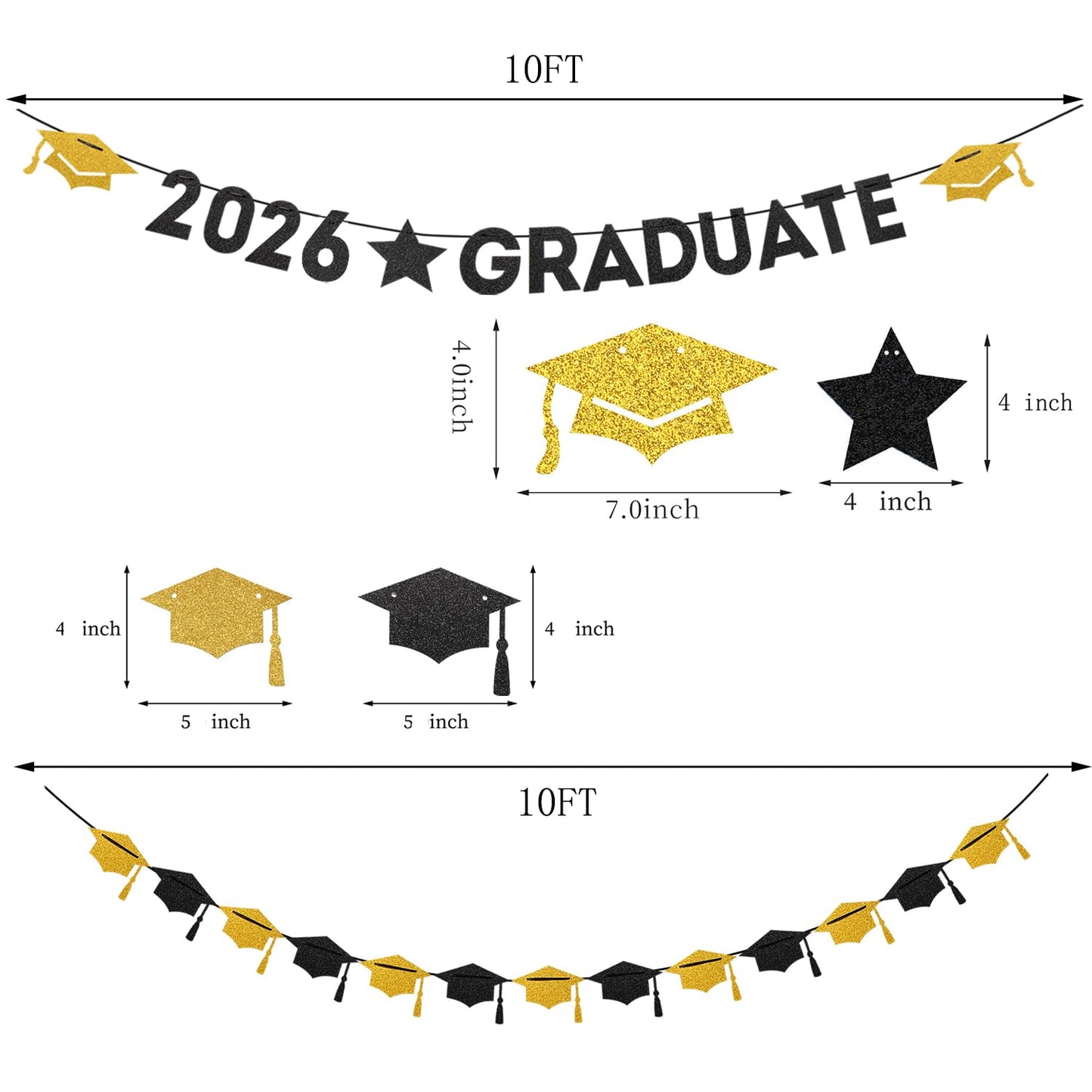 Black White-Gold Party-Decoration Graduation Banner - 8pcs Kits Cap Garland Streamers, Paper Tissue Pom Poms Flowers, 2026 Graduate Banner Congratulations Grad Decor Lasting Surprise