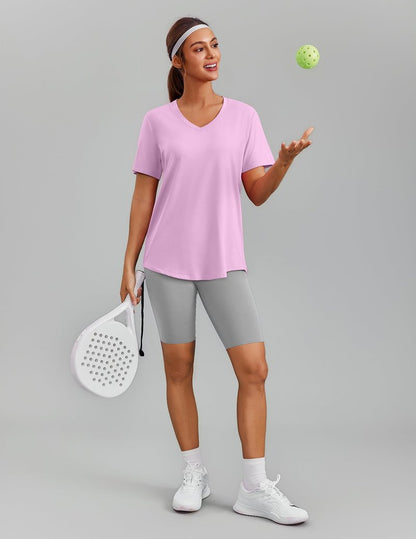 PINSPARK UPF 50 Sun Protection Shirts for Women Short Sleeve V Neck Hiking Tops Moisture Wicking UV Outdoor T-Shirts Quick Dry,Light Pink XX-Large