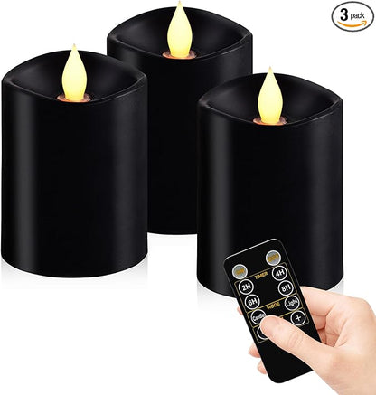 Black Pillar Flameless Candles - 3D Flickering, Remote Timer, Battery Operated, 600+ Hours, Halloween & Gothic Themed Decor (Black, 3"*4"-3pcs)