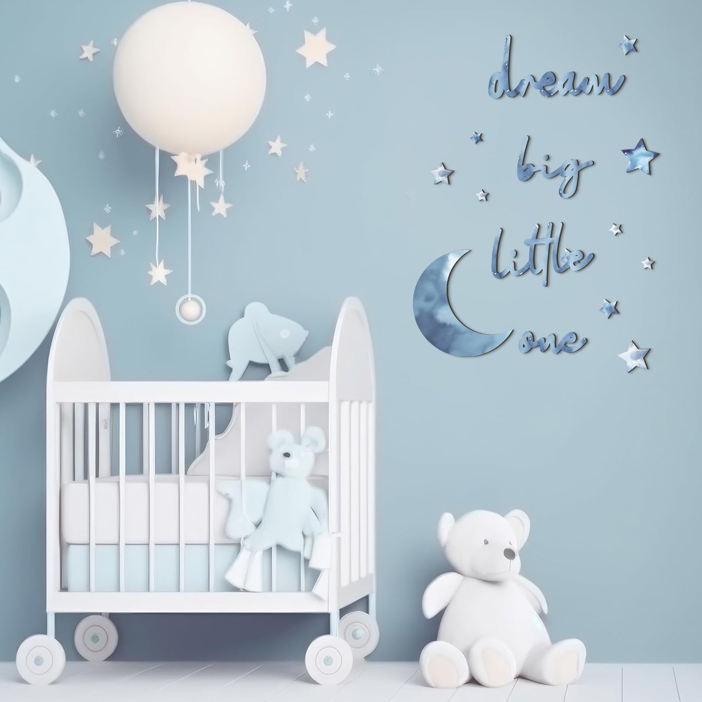 Briwooody 15 Pcs Moon and Stars Nursery Decor Dream Big Little One Wall Decor Boho Neutral Babyroom Wall Art Nursery Sign for Boys Girls Bedroom Home Farmhouse Living Playroom (Blue)