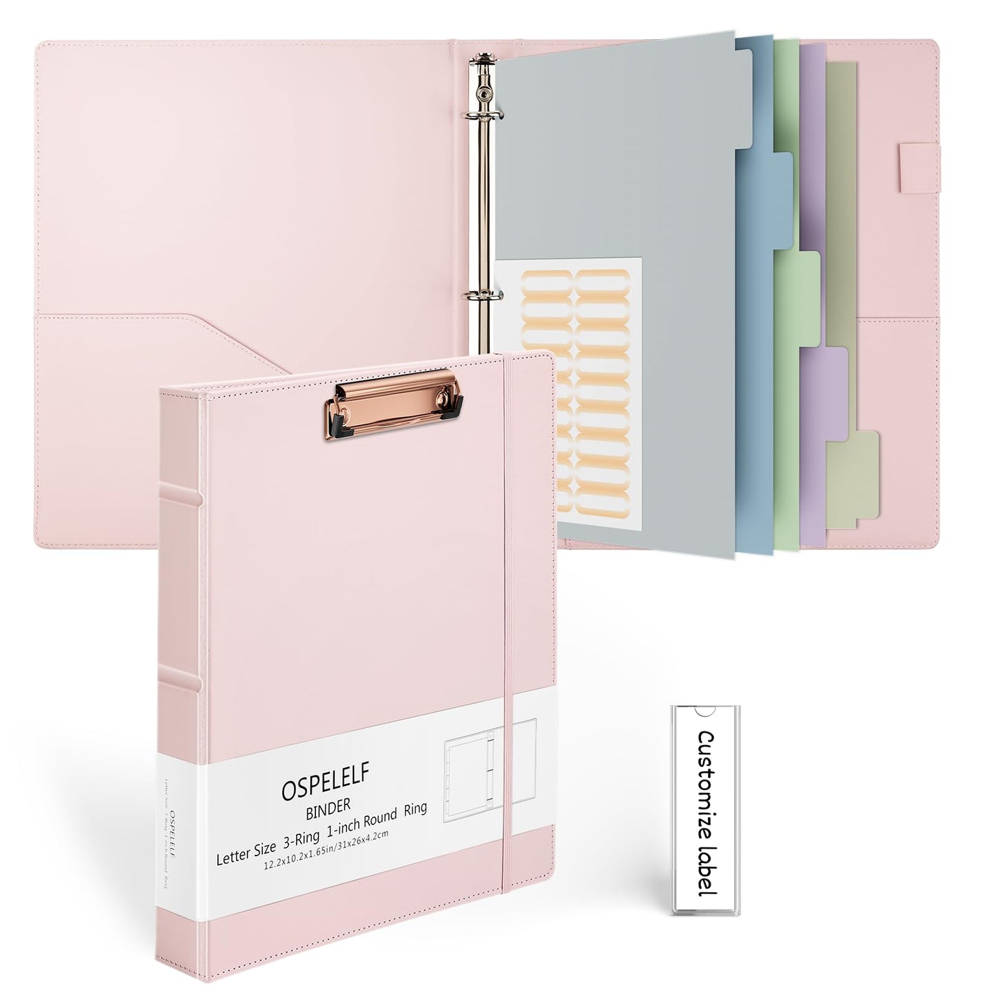 Ospelelf 3 Ring Binder with Clipboard 1 Inch Leather Binder for Letter Size (8.5" x 11"), Clipboard Binder with 5 Tab Dividers for School, Office, Pink