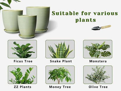 12 Inch Pots for Plants - Round Ceramic Planter with Drainage Hole and Plant Saucer for Flower Indoor Outdoor, Modern Room Office Home Garden Decor, House Warming Gifts, Green