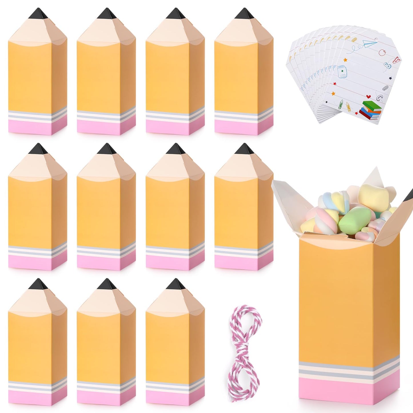 Sinasasspel 12Pcs Back to School Pencil Gift Boxes with Cards Thank You Teacher Candy Gift Boxes Pencil Treat Boxes for Teacher Appreciation School Classroom Party Favor Supplies