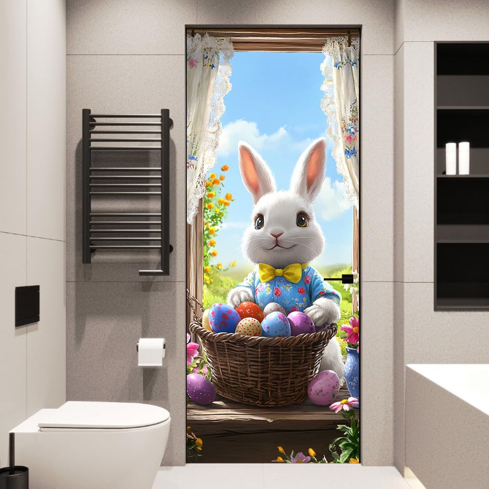 WDESYADMS PVC Self Adhesive Door Sticker 30.3x78.7 Inch Easter Bunny with Basket of Eggs Design Peel and Stick Decorative Door Decal for Bedroom Living Room Entryway Spring Home Decor