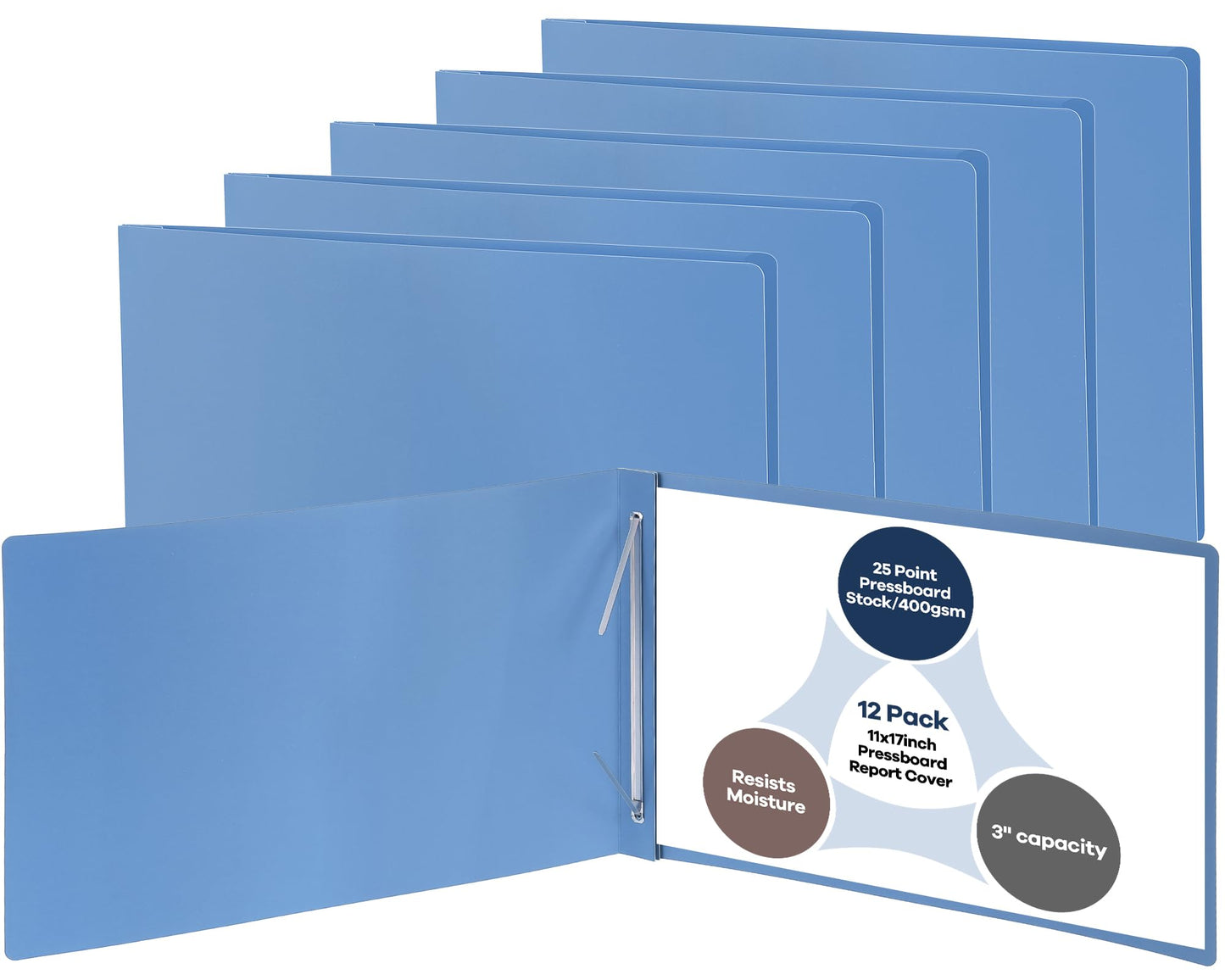 gisgfim 12 Pcs 11'' x 17'' Pressboard Report Cover 3" Capacity Metal Prong Paper Fastener with Compressor Presentation Binder Folder to Neatly Bind Reports Proposals Transcripts Document (Light Blue)