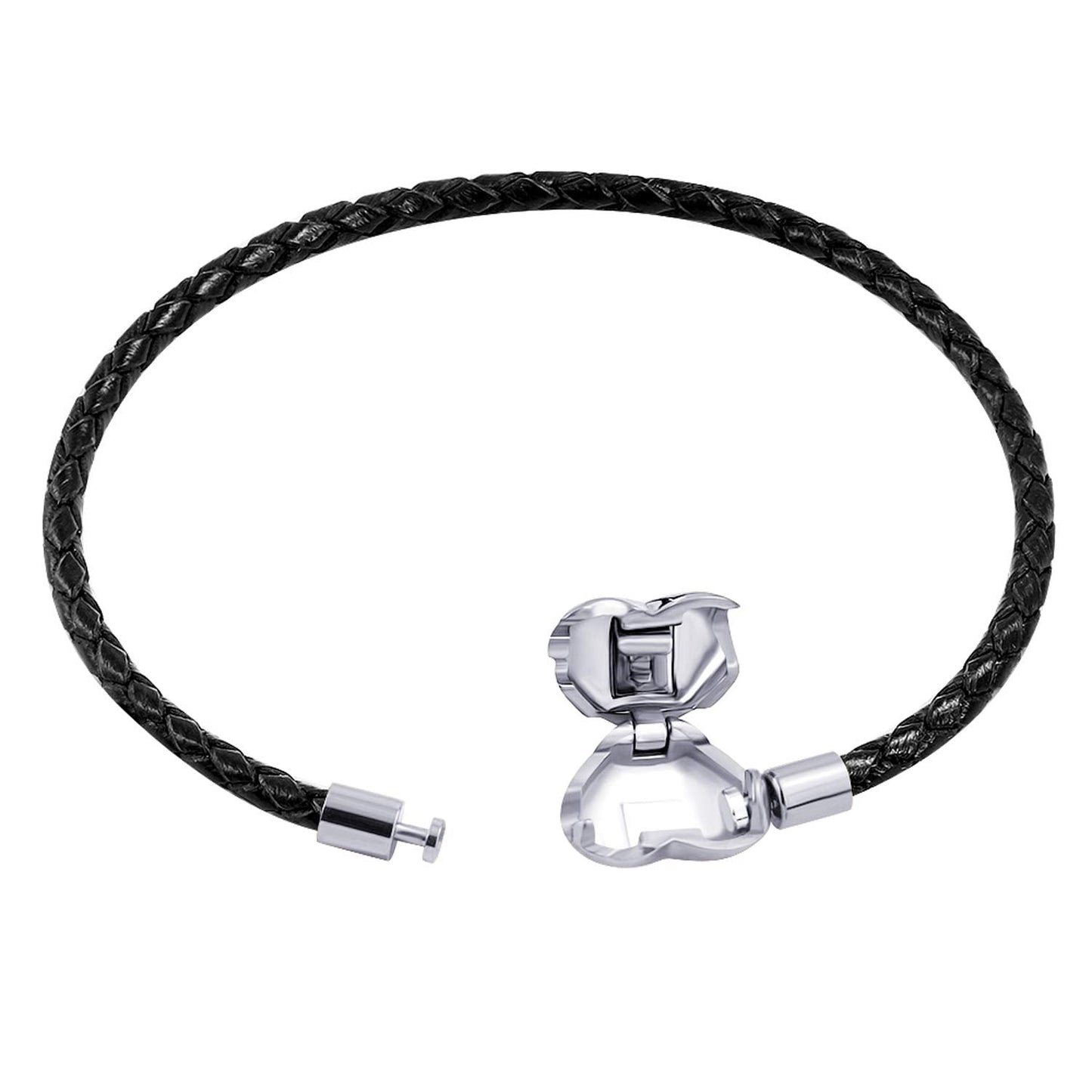 555Jewelry Stainless Steel Heart Charm Bracelet, Black Bracelet for Women, Braided Leather Charm Bracelet, Black Leather Bracelet for Women - Silver Heart, 6.5 Inch