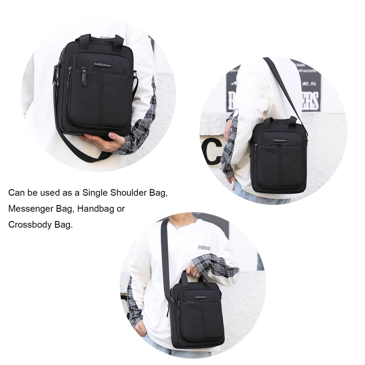 natyrlpog Men's Shoulder Bag Nylon Crossbody Bag Waterproof Casual Black Messenger Bag for Work Travel, Black