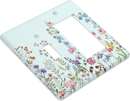 Rustic Wild Floral Vintage Blue Watercolor Flower 2 Gang Single Toggle Rocker Combination Light Switch Cover Unique Decorative Wall Plate Cover Electrical Faceplate Switchplate for Bedroom