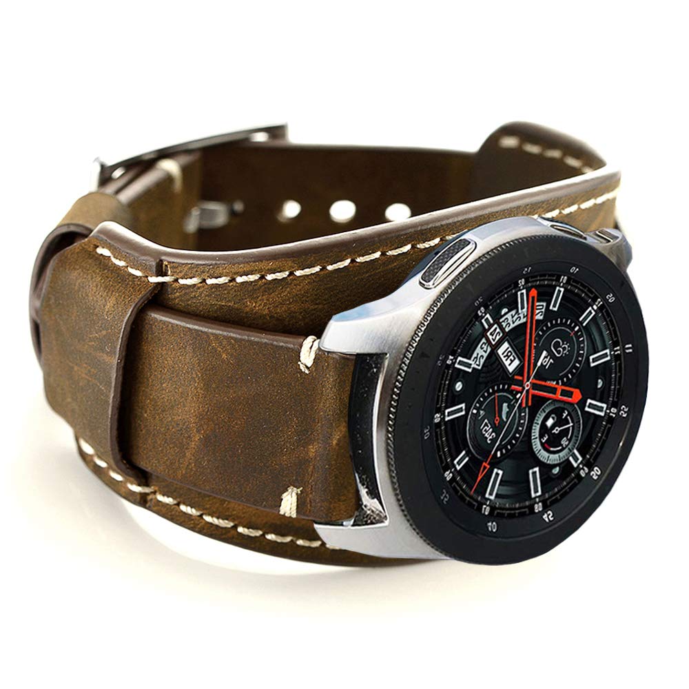 Leotop Compatible with Samsung Galaxy Watch 46mm/Gear S3 Frontier/Galaxy Watch 3 45mm /Classic Strap, 22mm Replacement Genuine Leather Cuff Band with Stainless Steel Buckle for Men Women (Coffe)