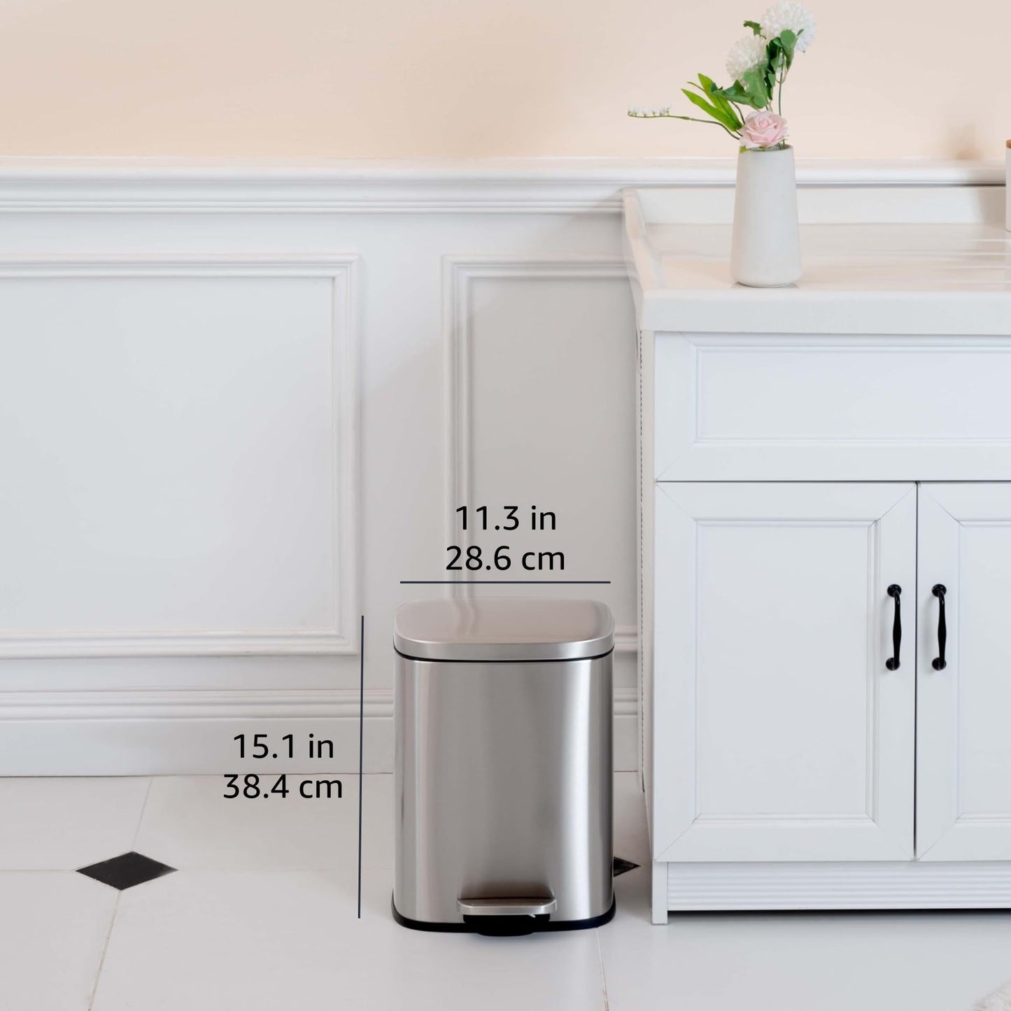 Amazon Basics Smudge Resistant Small Rectangular Step Pedal Trash Can with Soft-Close Lid, Removable Inner Bucket, Brushed Stainless Steel, 12 Liter/3.1 Gallon, Satin Nickel Finish
