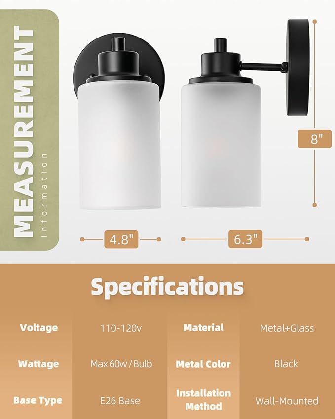 2-Pack Farmhouse Wall Sconces Light Black Bath Vanity Light Fixtures White Frosted Glass Shade Modern Wall Mounted Lighting Vintage