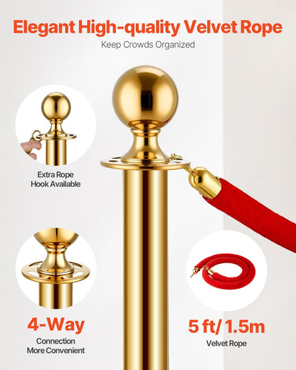 VEVOR Stanchions and Velvet Ropes 4Pcs, Hollow Base with Stainless Steel Post, 2 Red Velvet Ropes and Posts, Crowd Control Barriers Gold Stanchions, Red Carpet Runner Poles for Party Supplies