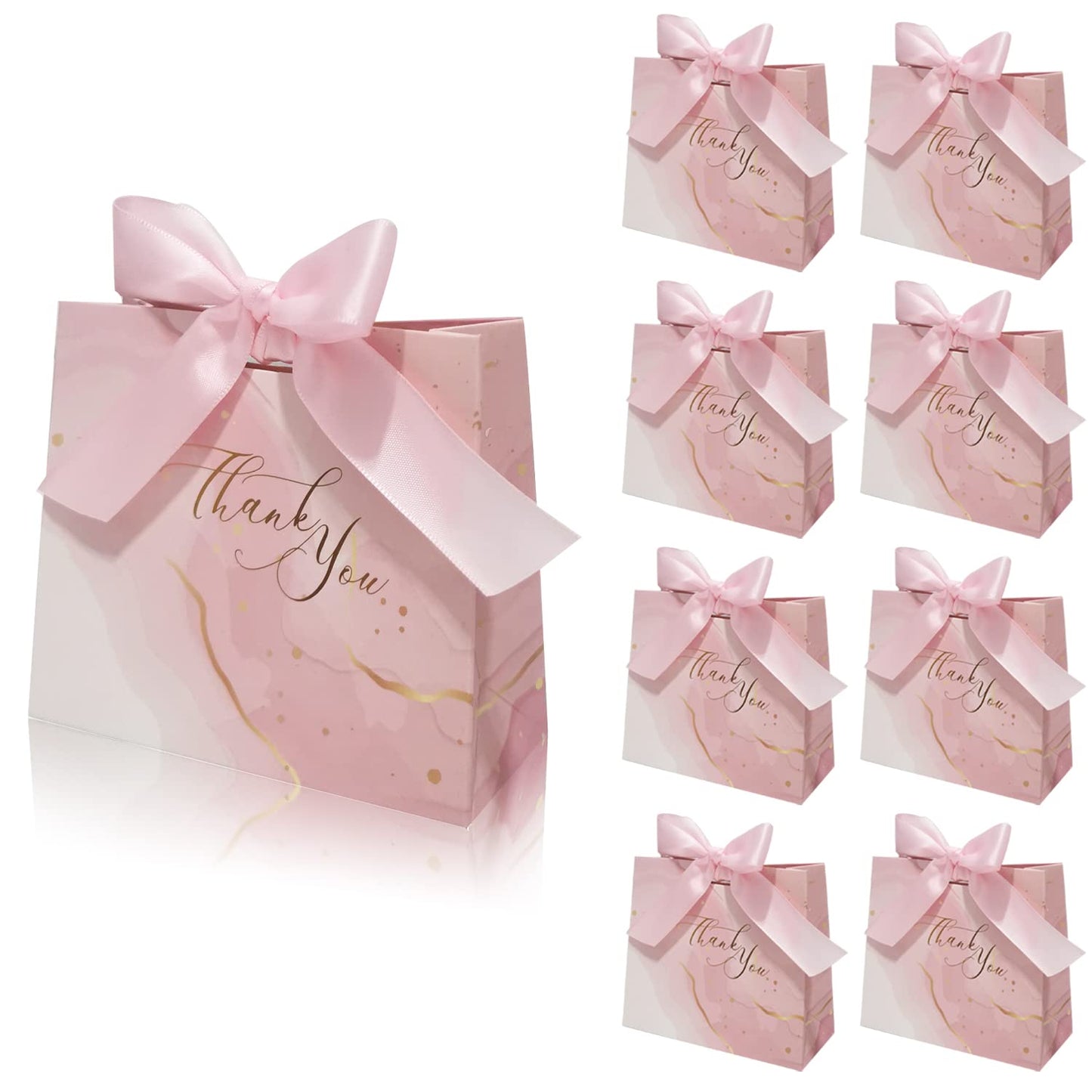 DECHISY 30Pack Small Thank You Gift Bags,Marble Pattern Party Favor Pink Bags with Pink Bow Ribbon,4.5x1.8x3.9Inches,Paper Bags for Birthday Wedding Bridesmaid Holiday Valentines Day (Pink)