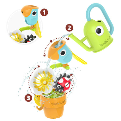 Yookidoo Watering Can Baby Bath Toy (Ages 1-3) Spinning Lady Bug & Tipping Bird Toy with 3 Moving Pieces (Mold Free) - Attaches to Tub Wall for Easy Toy Holder and Storage - for Toddler Bath Time