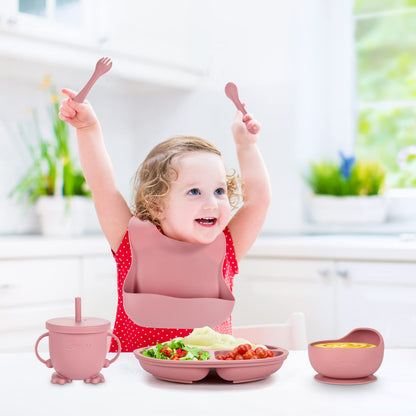 Losecu Silicone Feeding Set|Baby Led Weaning Supplies|Suction Plate Bowl Set with Bib, Spoon, Fork, Sippy Cup|Feeding Eating Supplies BPA Free