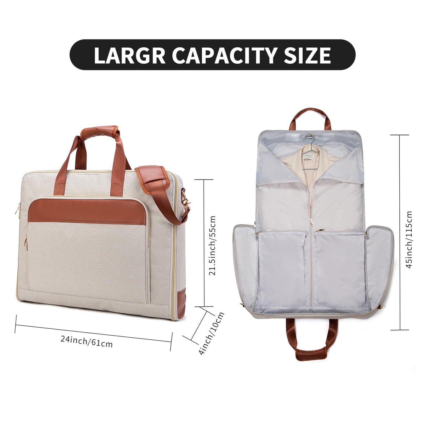Garment Travel Bag for Women Carry on Garment Bag Up to 3 Suits for Business Trips,2 in 1 Hanging Suitcase Luggage Bags for Travel,Foldable Suit Bag 15.6Inch Laptop Beige