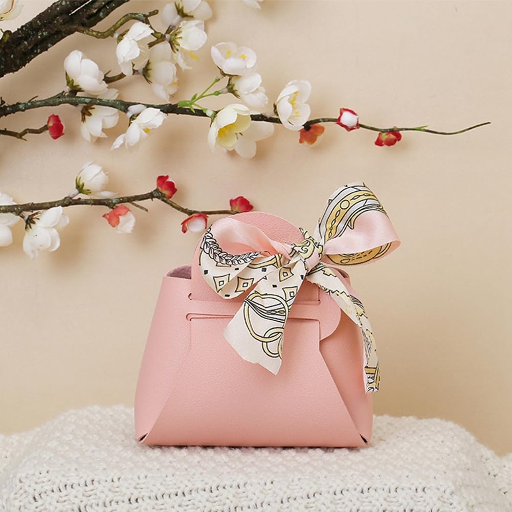 CALFOVERA 12 Pack Small Party Favor Boxes Reusable Faux Leather Gift Candy Wrapping Bags with Handle Ribbon Pink Mini Treat Handbags for Weddings Party Guest Gift Bridal Showers Birthday Halloween