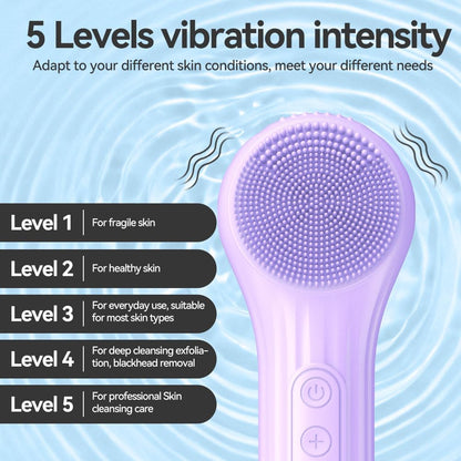 Facial Cleansing Brush, Silicone Face Scrubber with Heat and Vibration 5 Speeds, Waterproof Rechargeable Electric Face Scrub Brush for Men & Women, Deep Cleansing, Exfoliating and Massage (Purple)