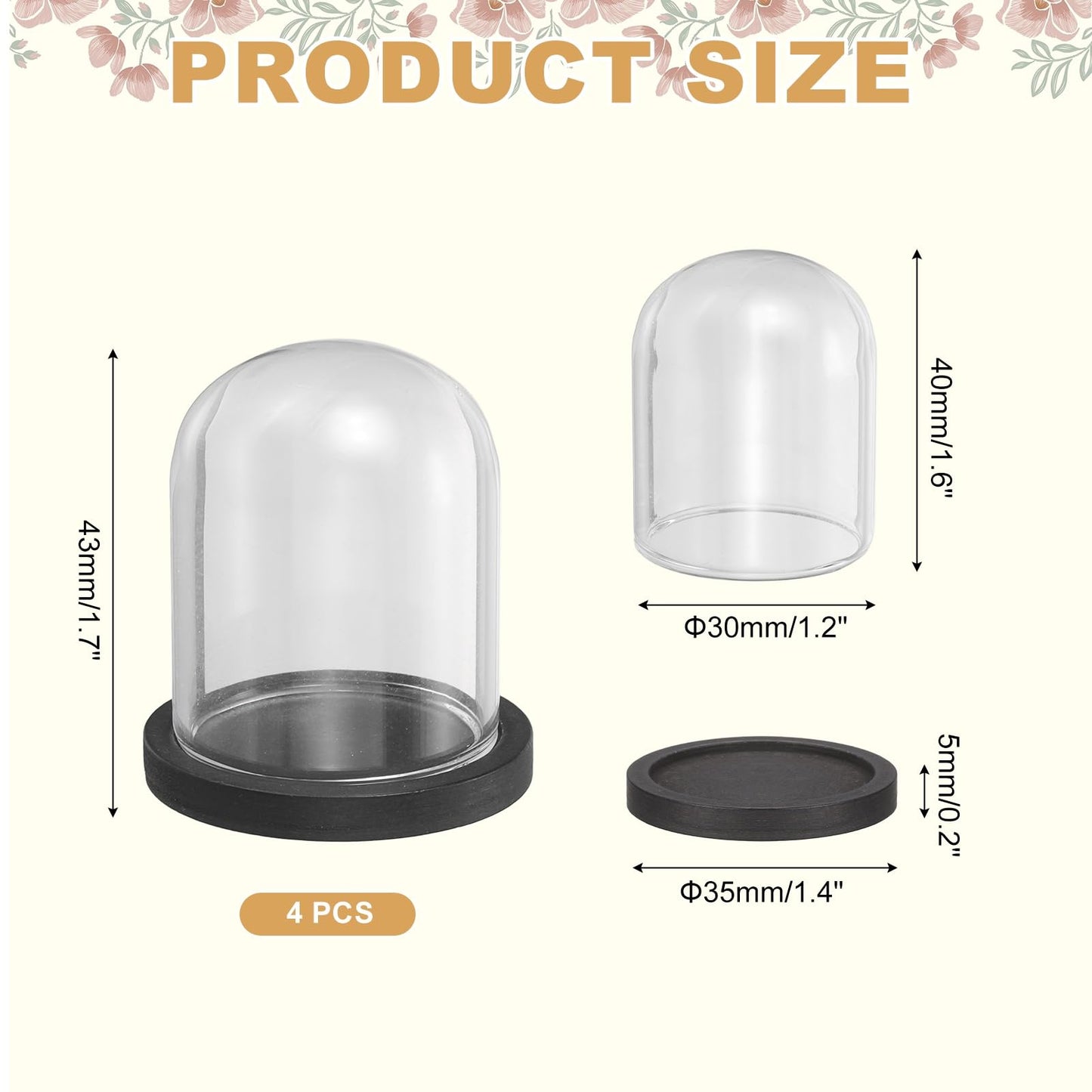 uxcell 4Pcs Glass Display Dome, 1.4" x 1.7" Clear Cloche Glass Dome Decorative Bell Jar with Wooden Base for Collectibles Display Candle Tabletop Centerpiece Plants Wedding, Black