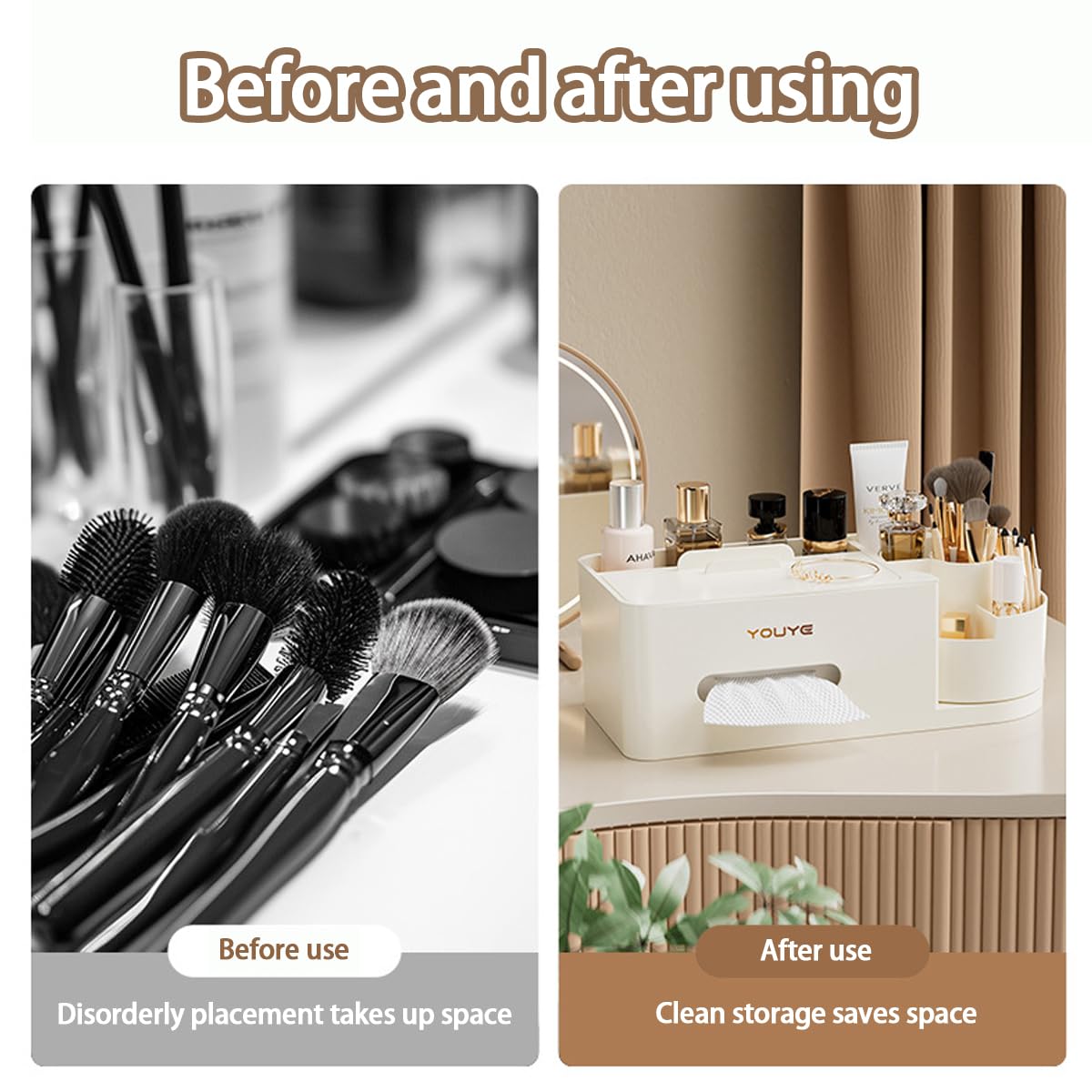 Aiabaleaft Multifunctional Organizer Rotating Brush Holder Makeup Organizer With Tissue Box for Study Table Living Room Dressers Home Office (White)
