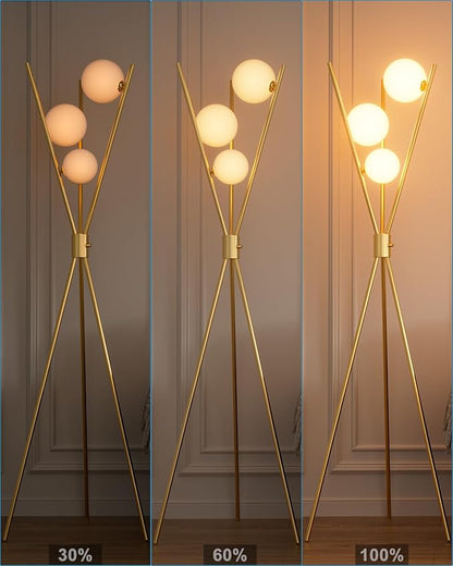 Lightdot Tripod Floor Lamp Stepless Dimmable Globe Modern Floor Lamp Gold Standing Lamps with 3PCS 3000K G9 Bulbs Stable Base Mid Century Modern Floor Lamps for Living Room