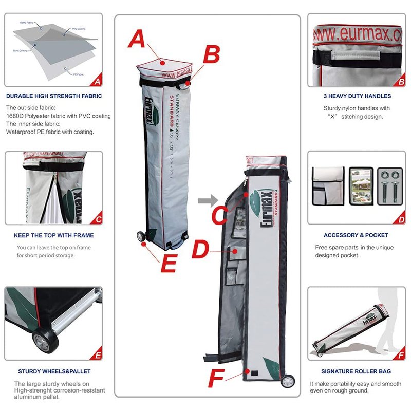 Eurmax USA 10'x10' Pop-up Booth Canopy Tent Commercial Instant Canopies with 1 Full Sidewall & 2 Half Walls and Roller Bag, with 4 SandBags + 2 Cross-Bar (White)