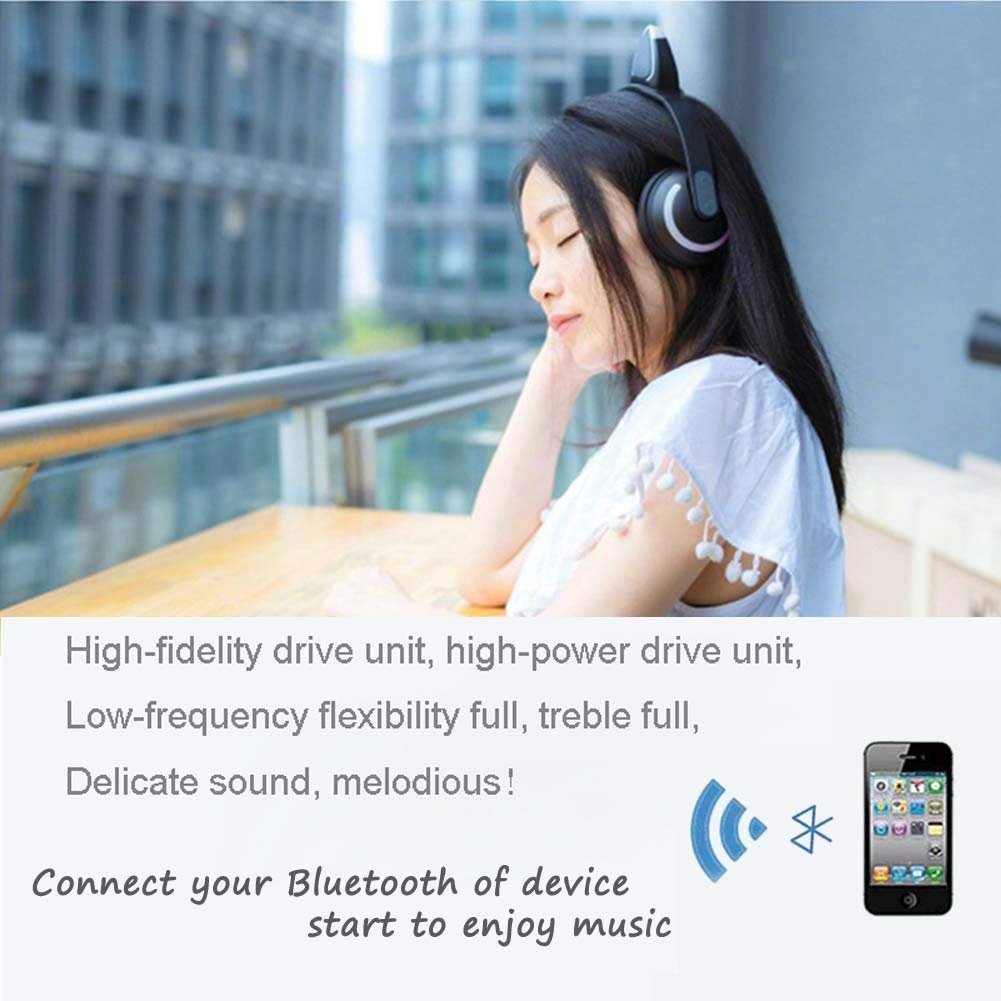 Luckyu Wireless Bluetooth Cat Ear Headphones with Mic 7 Colors LED Light Flashing Glowing On-Ear Stereo Headset Compatible with Smartphones PC Tablet