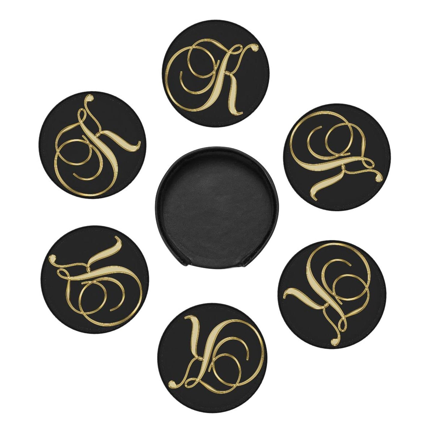 Famame 6 Pcs Letter K Alphabet Gold Print Leather Coasters for Drinks with Holder Coaster Sets Drink Table Cup Coasters for Living Room Kitchen Coffee Decor