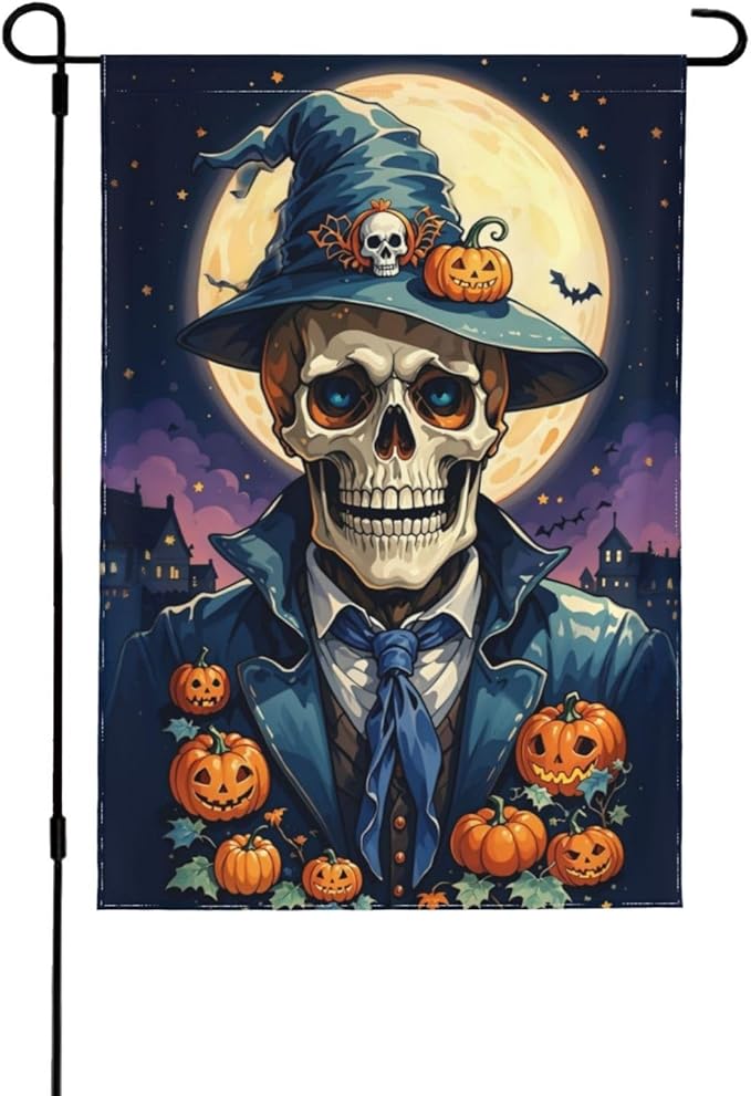 Halloween Skull Pumpkin Garden Flag for Fall Festival Porch Patio Farmhouse Outdoor Yard Decoration Vertical Double Sided Burlap 28 x 40 Inch